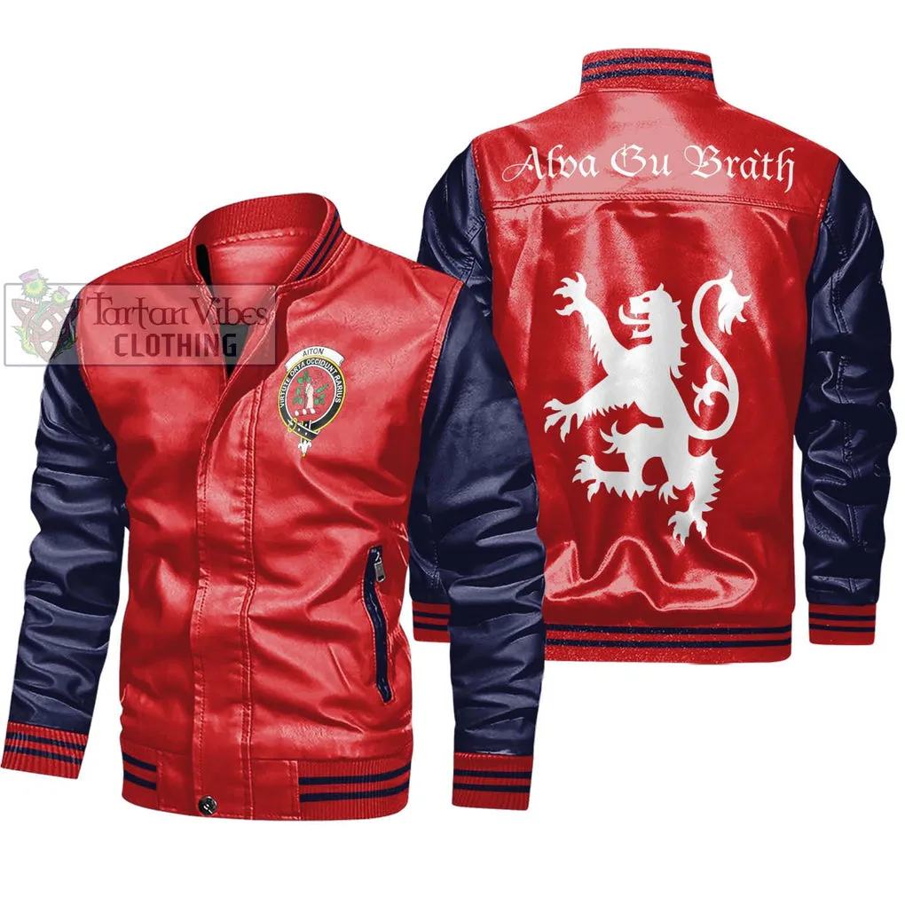 Aiton Family Crest Leather Bomber Jacket Lion Rampant Alba Gu Brath Style