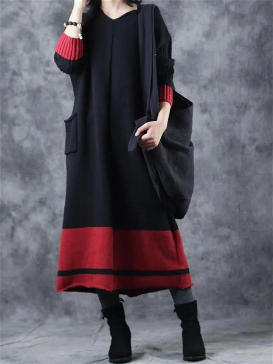 Autumn And Winter Casual Retro Contrast Color Women'S Sweater Dress