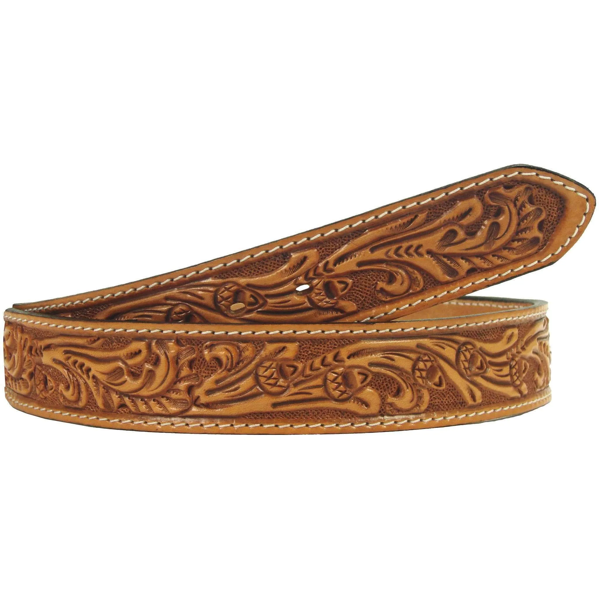 B162 - Natural Acorn Tooled Stitched Belt