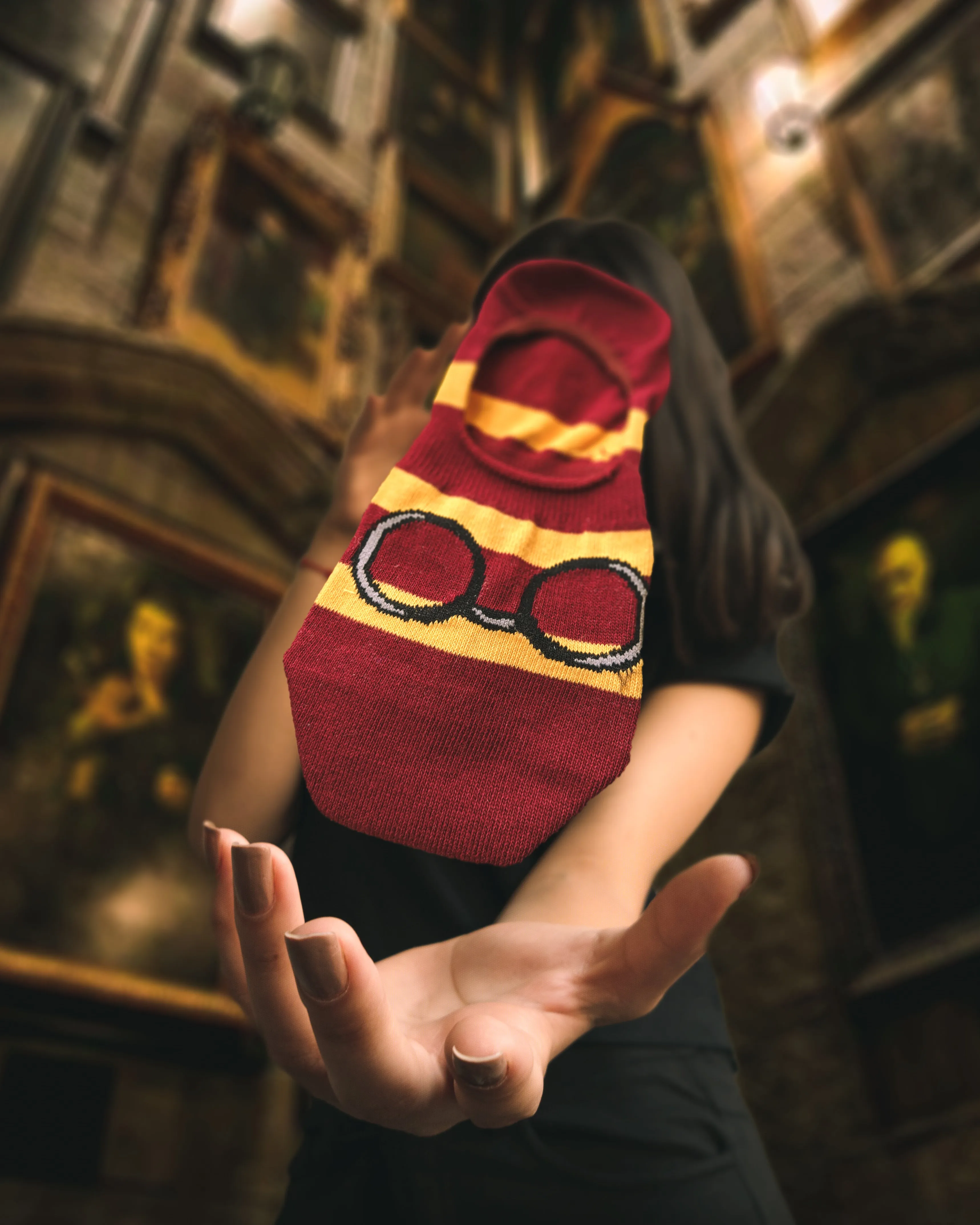 Balenzia x Harry Potter Potter 07, Lightning Bolt & Glasses, Platform 9 3/4 No Show Socks for Women(Pack of 3 Pairs/1U)- Yellow & Maroon