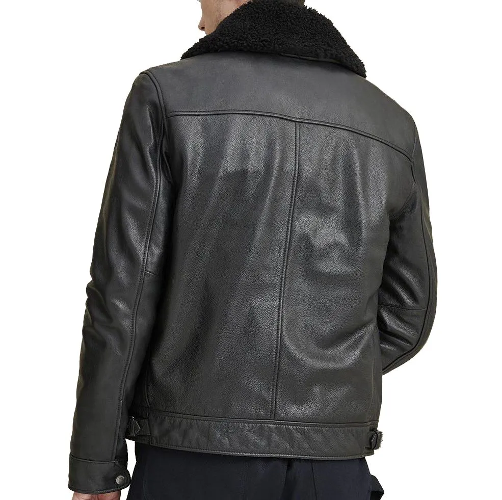 Black Aviator Leather Jacket w/ Faux Shearling Collar - Jules