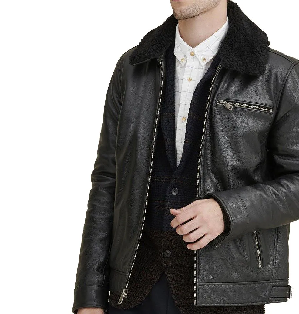 Black Aviator Leather Jacket w/ Faux Shearling Collar - Jules