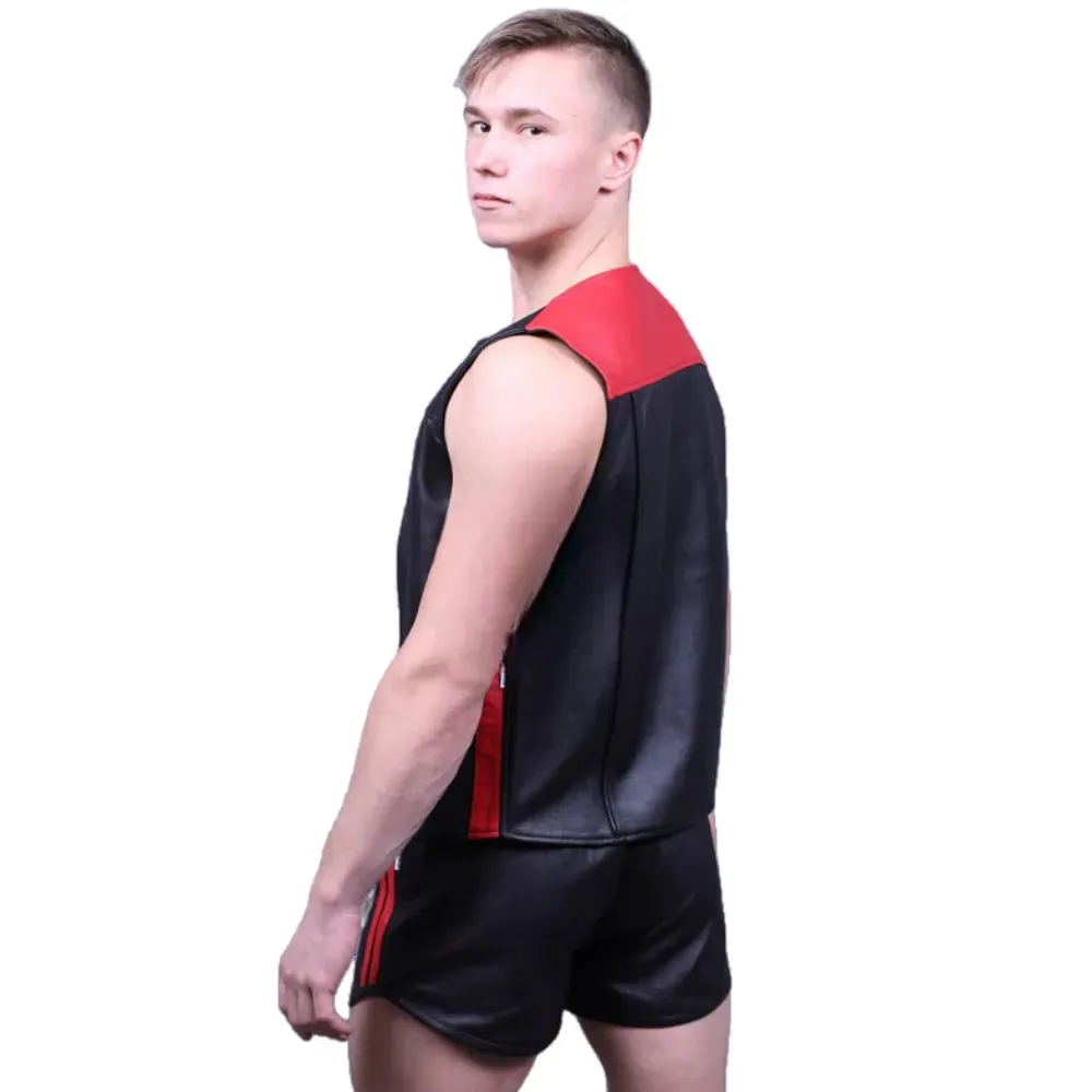 Black Gay Leather Zipper Vest With Red Panels