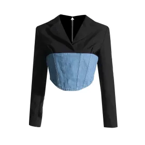 Chic Patchwork Denim Blazer For Women Notched Collar Long Sleeve Slim Temperament Blazer Female Fashion Clothing