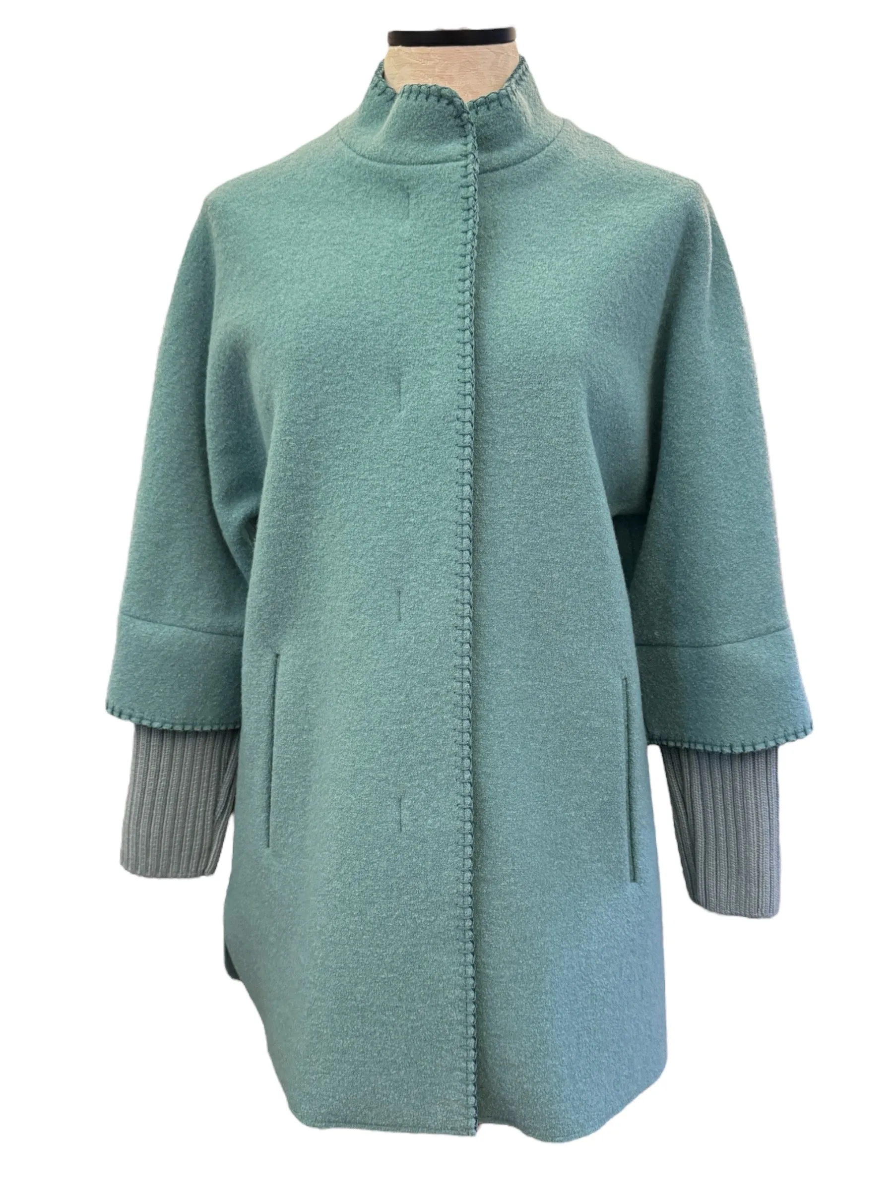 Cinzia Rocca Felted Wool Coat w/Stitch Detail - Soft Turquoise