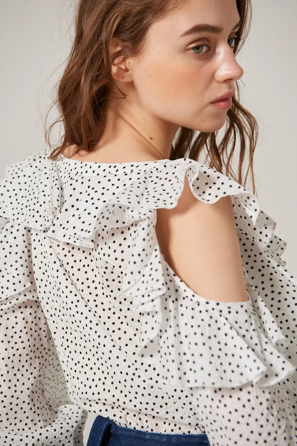 Cold Shoulder Long-Sleeved Blouse <br> -WHT dot-