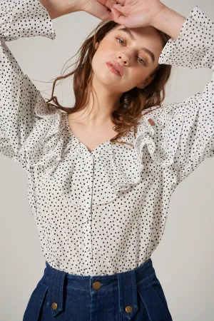 Cold Shoulder Long-Sleeved Blouse <br> -WHT dot-