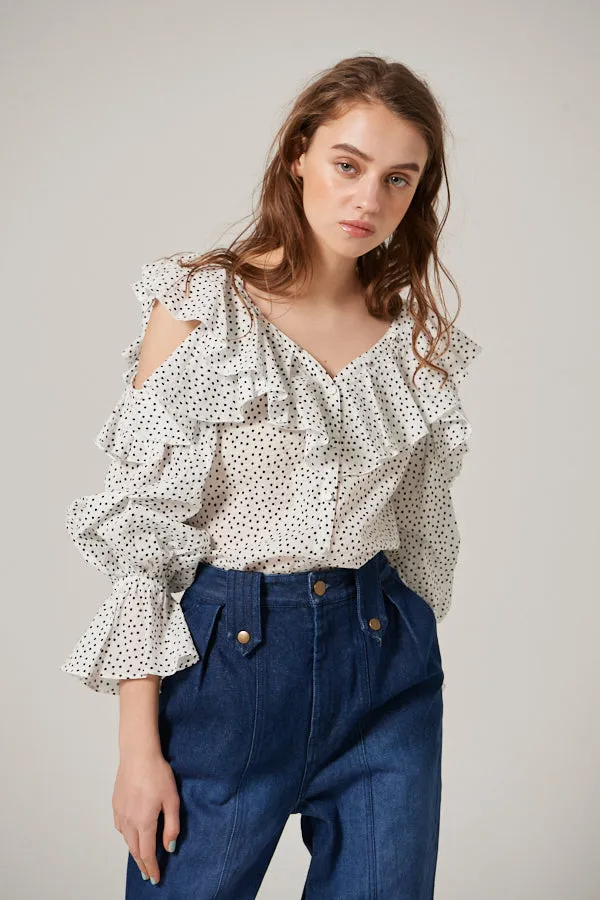 Cold Shoulder Long-Sleeved Blouse <br> -WHT dot-