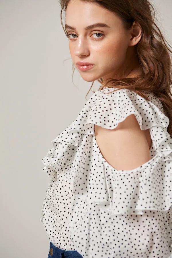 Cold Shoulder Long-Sleeved Blouse <br> -WHT dot-