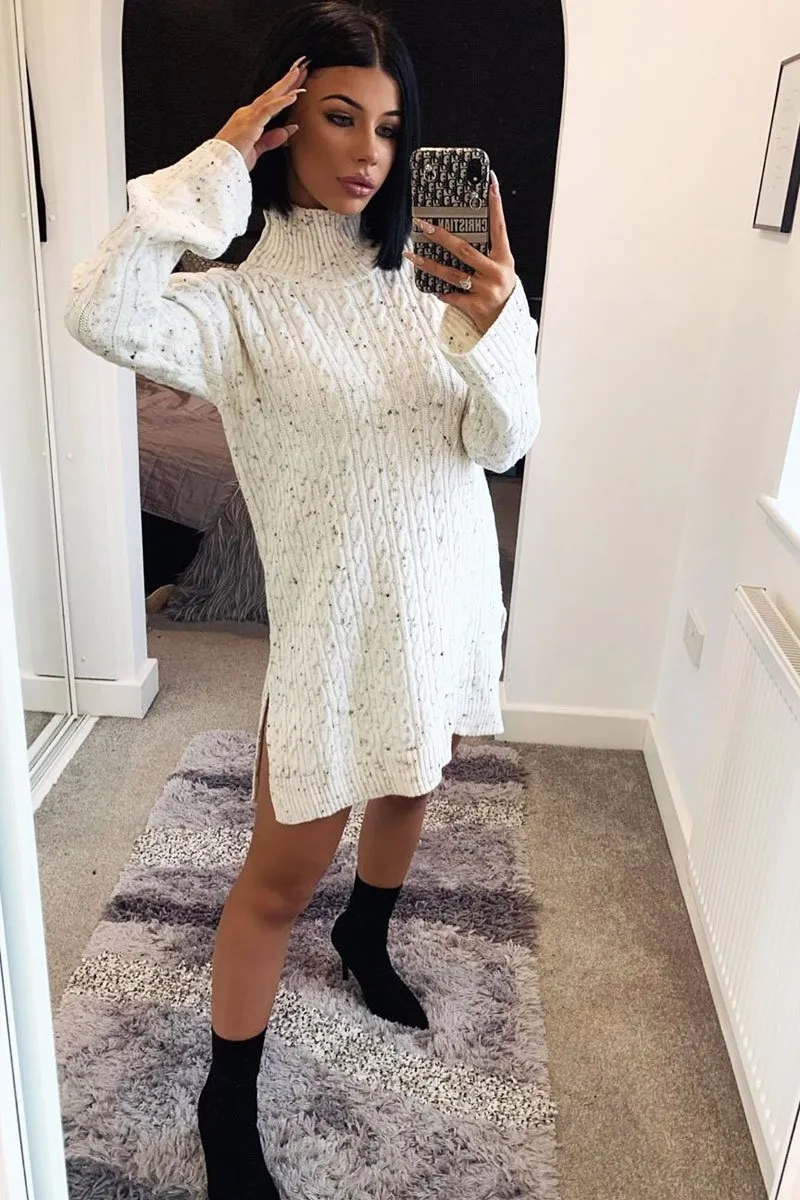 Cream Split Side Cable knit Jumper Dress - Kyla