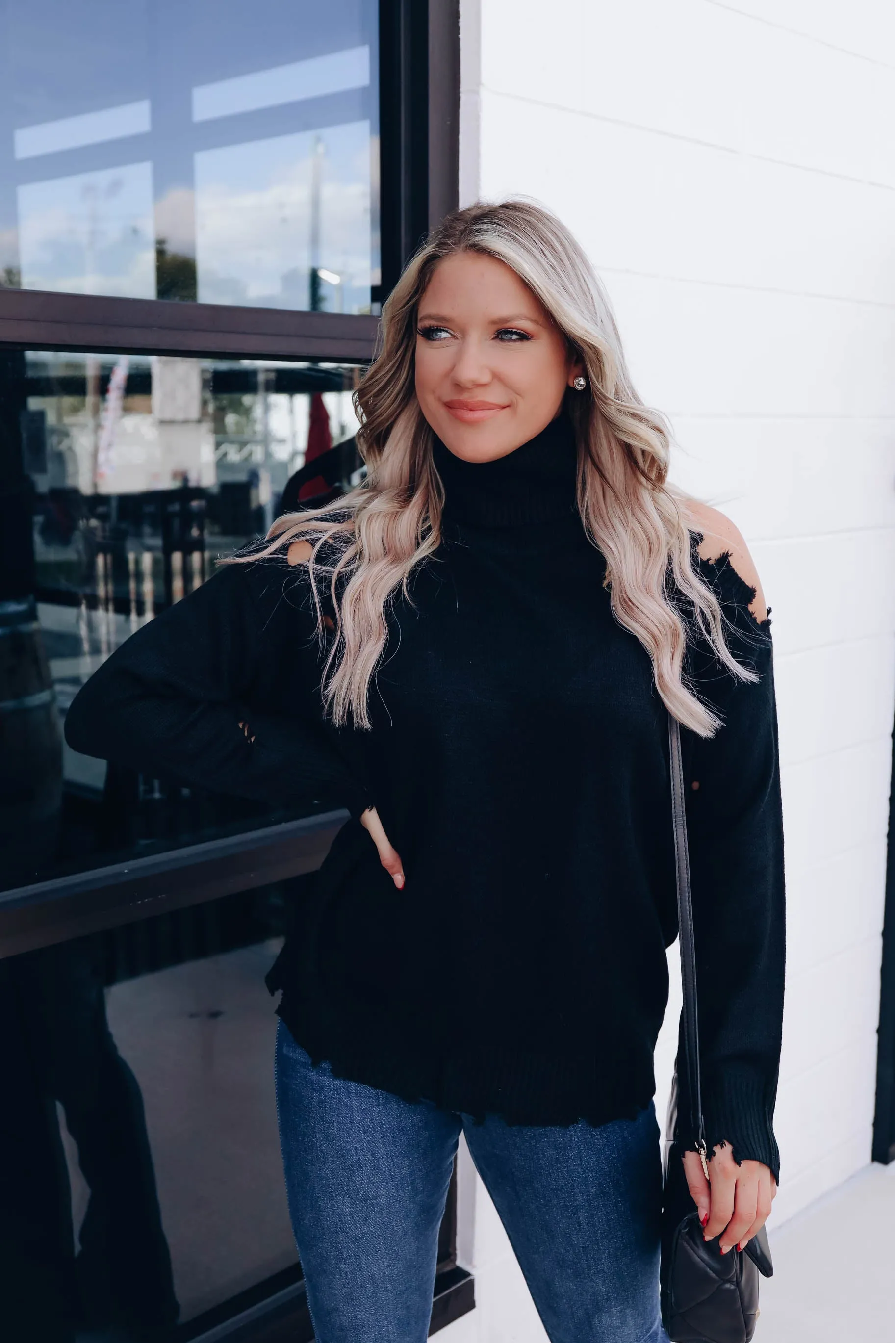 Denver Distressed Cold Shoulder Sweater - Black