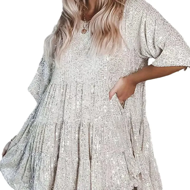 Fashionable Sequins Round Neck Loose Waist Short Sleeves And Skirt Dress