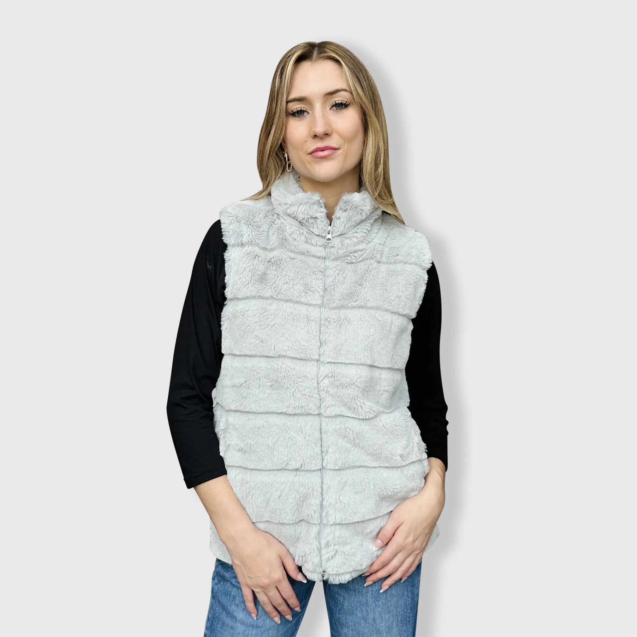 Fluffy Gray Sherpa Vest Women