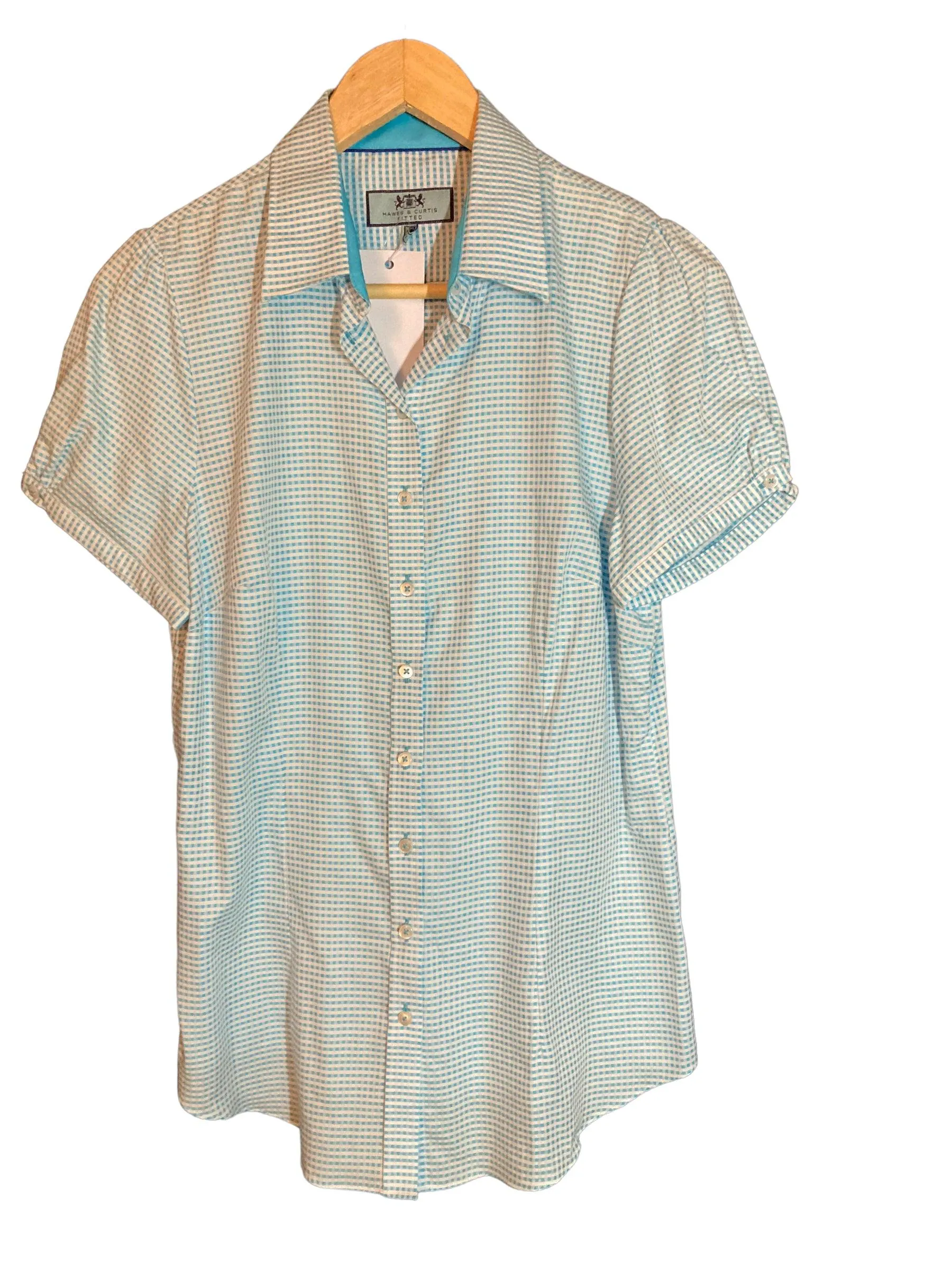 Hawes & Curtis Cotton Turquoise Blue Checked Fitted Short Sleeved Blouse UK Size 12