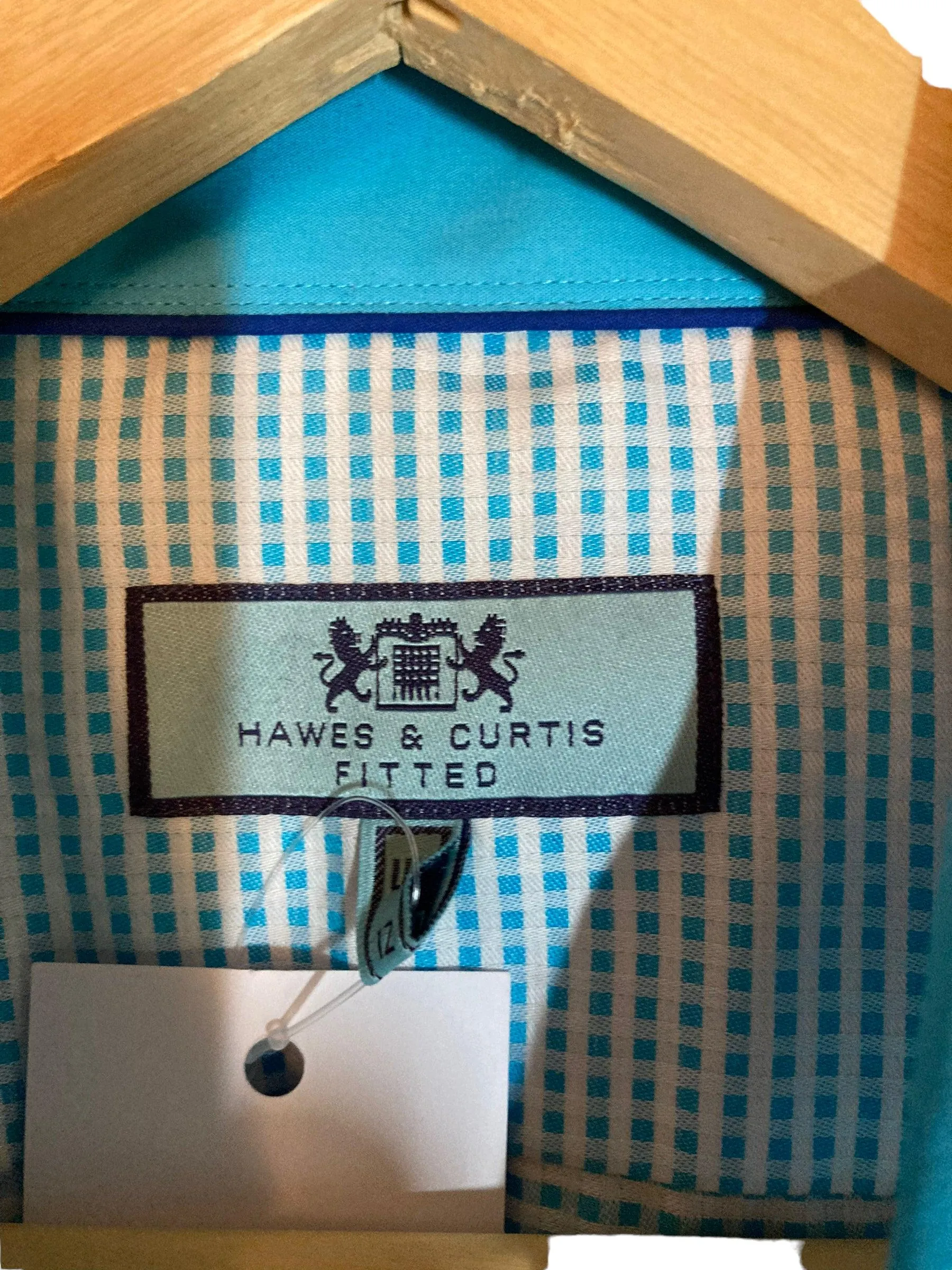 Hawes & Curtis Cotton Turquoise Blue Checked Fitted Short Sleeved Blouse UK Size 12