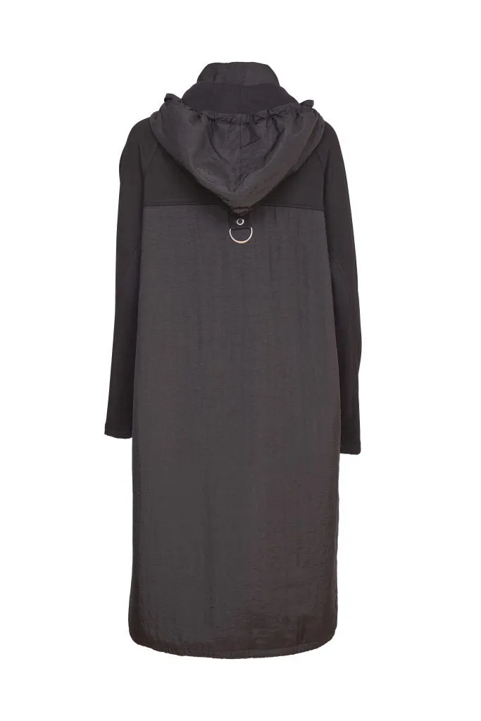 Hooded Coat with Contrast Hempanel/Placket in Black