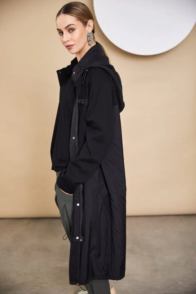 Hooded Coat with Contrast Hempanel/Placket in Black