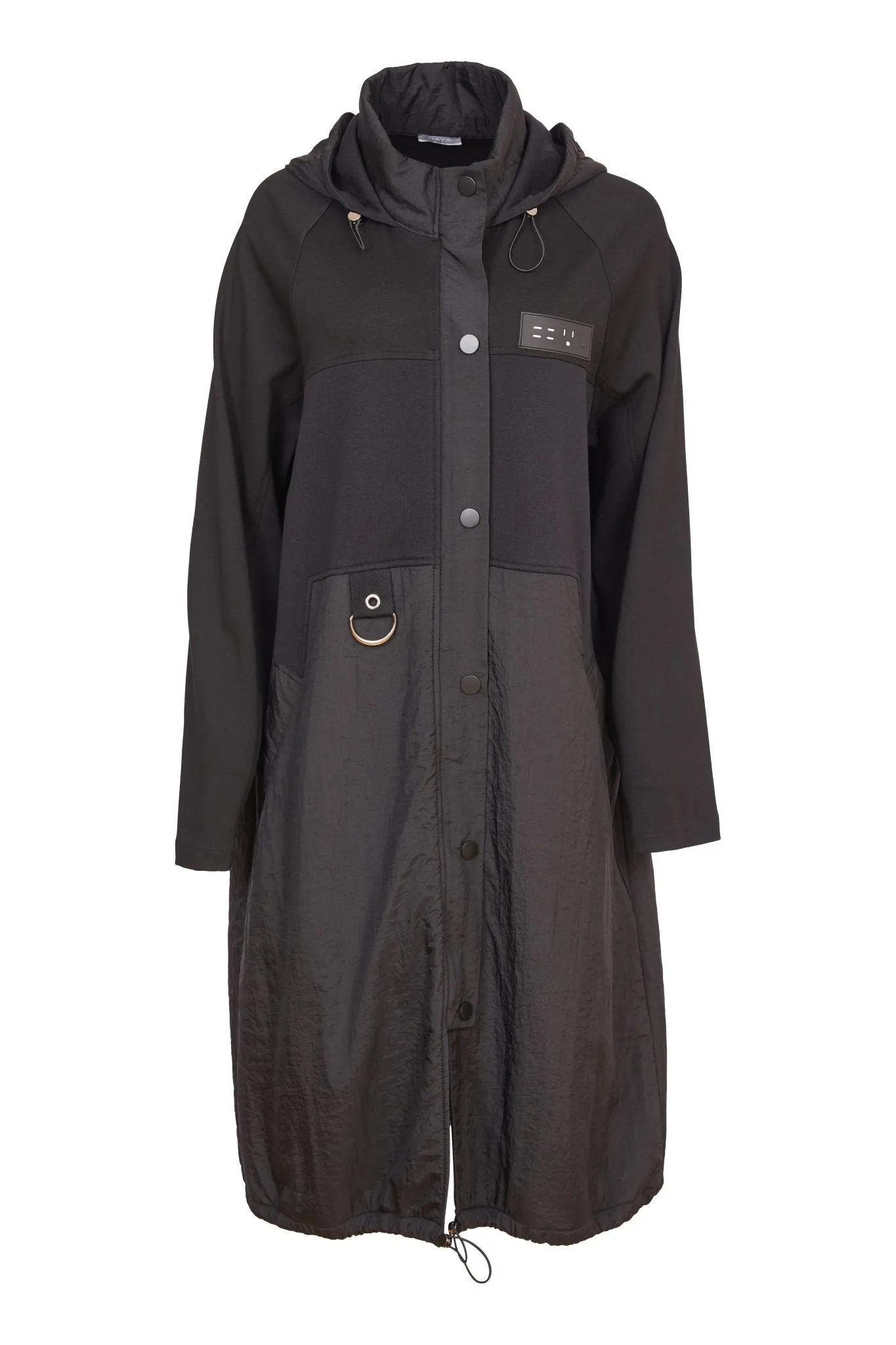 Hooded Coat with Contrast Hempanel/Placket in Black