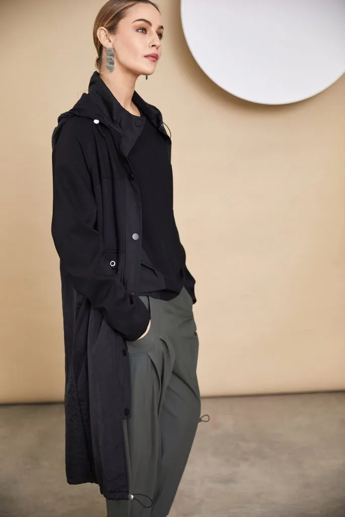 Hooded Coat with Contrast Hempanel/Placket in Black