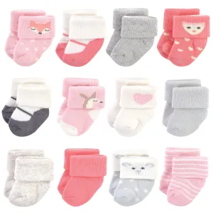 Hudson Baby Cotton Rich Newborn and Terry Socks, Girl Woodland