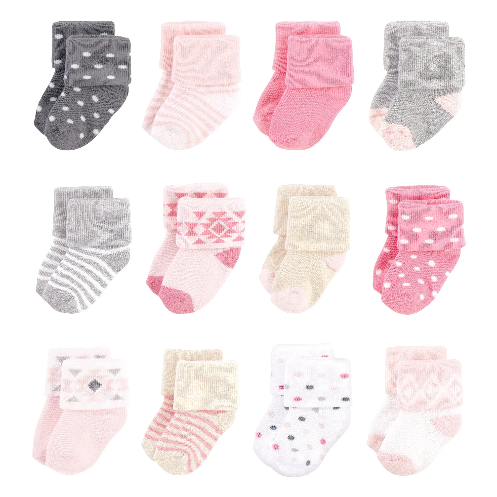 Hudson Baby Cotton Rich Newborn and Terry Socks, Pink Gray Aztec