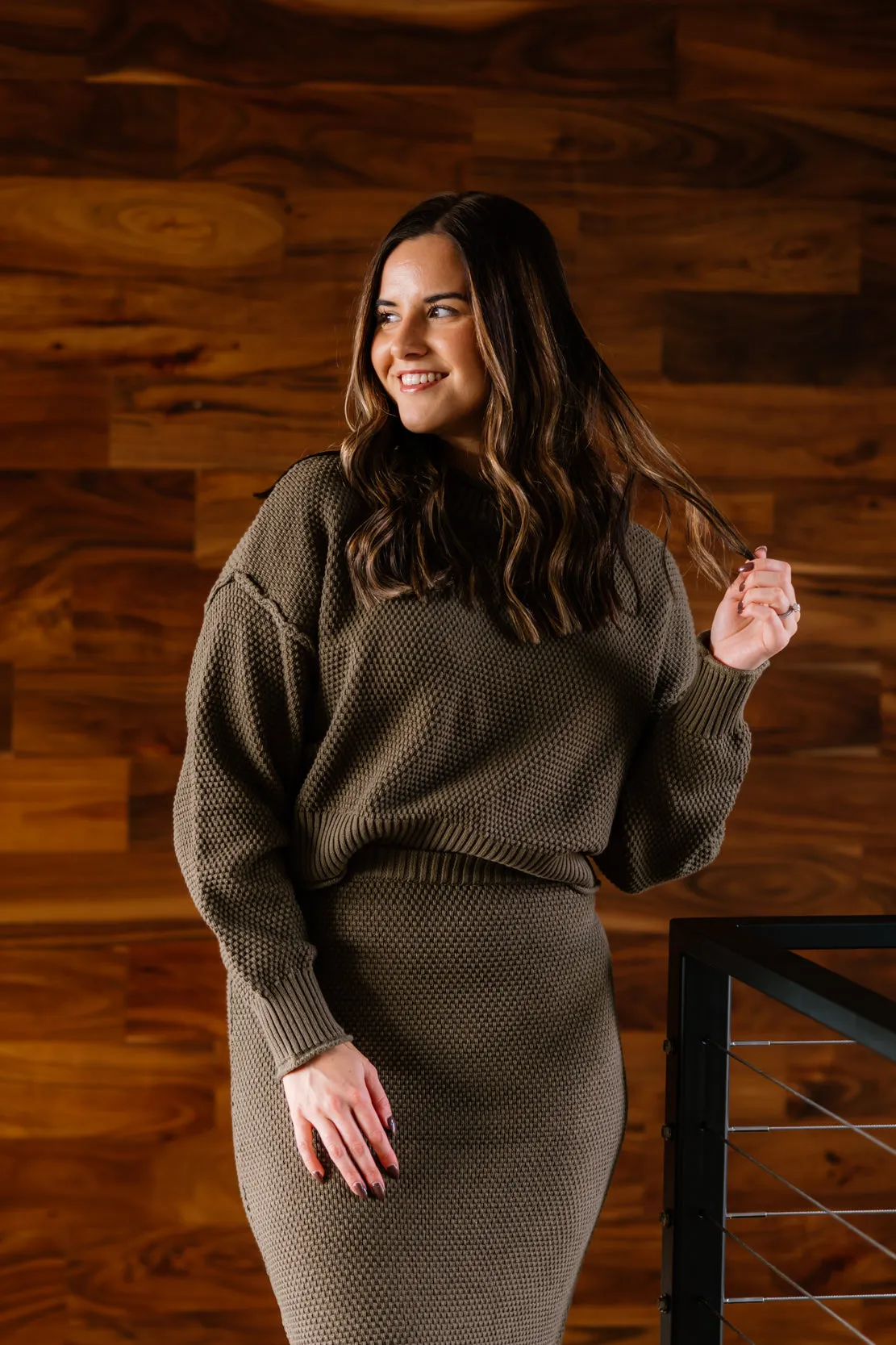 Indy Waffle Skirt & Sweater Set | Olive