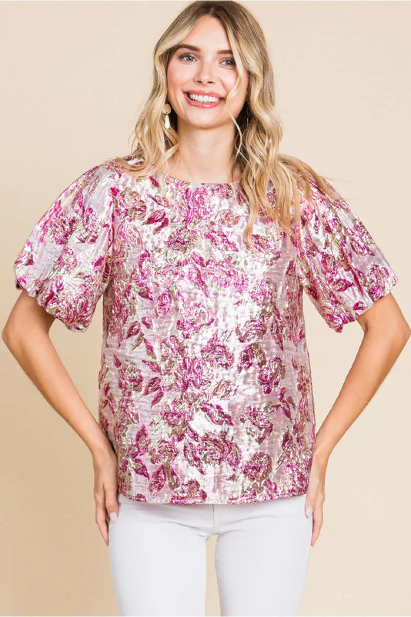 JF Metallic Floral Puff Sleeve Top