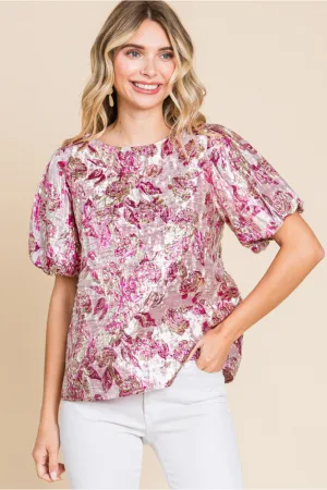 JF Metallic Floral Puff Sleeve Top