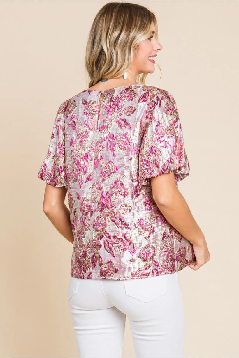 JF Metallic Floral Puff Sleeve Top