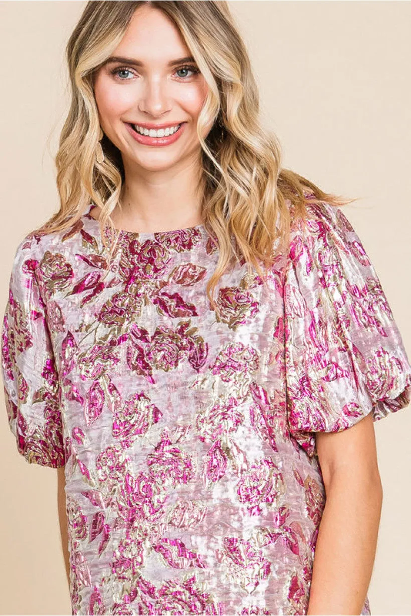 JF Metallic Floral Puff Sleeve Top