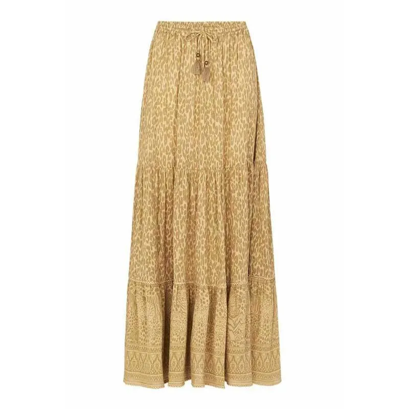 Leopard Print High Waist Elastic Drawstring Waist Causal Maxi Skirt