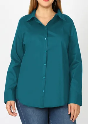 Long Sleeved Stretch Button Up Blouse in Teal Green