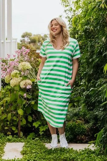 Maeve Midi Dress - Green Briar & White Stripe