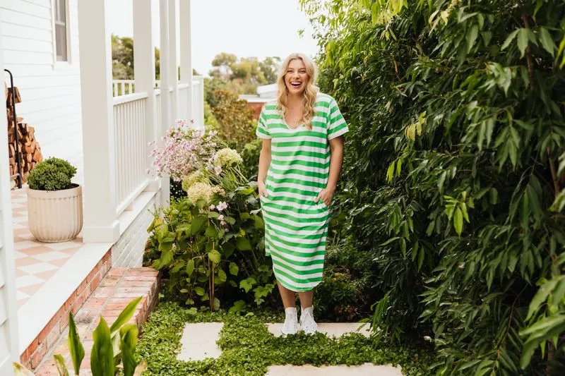 Maeve Midi Dress - Green Briar & White Stripe