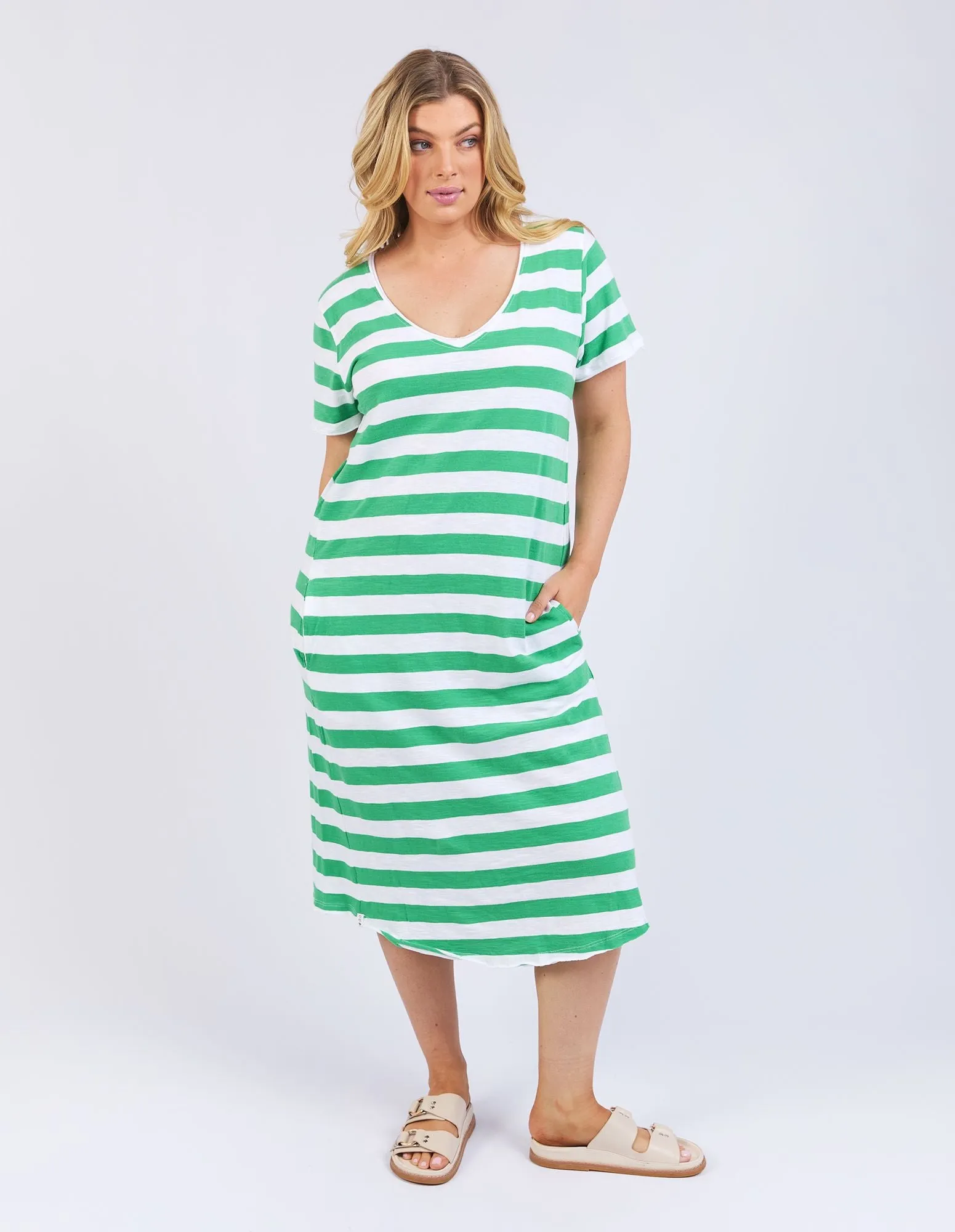 Maeve Midi Dress - Green Briar & White Stripe