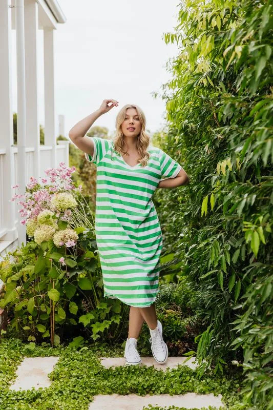 Maeve Midi Dress - Green Briar & White Stripe