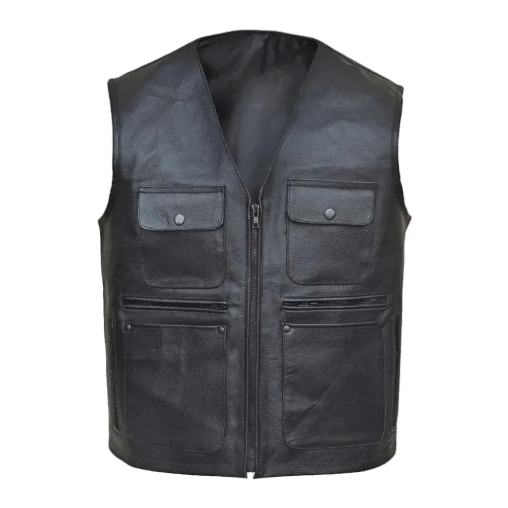 Mens Black Genuine Leather Hunting Vest