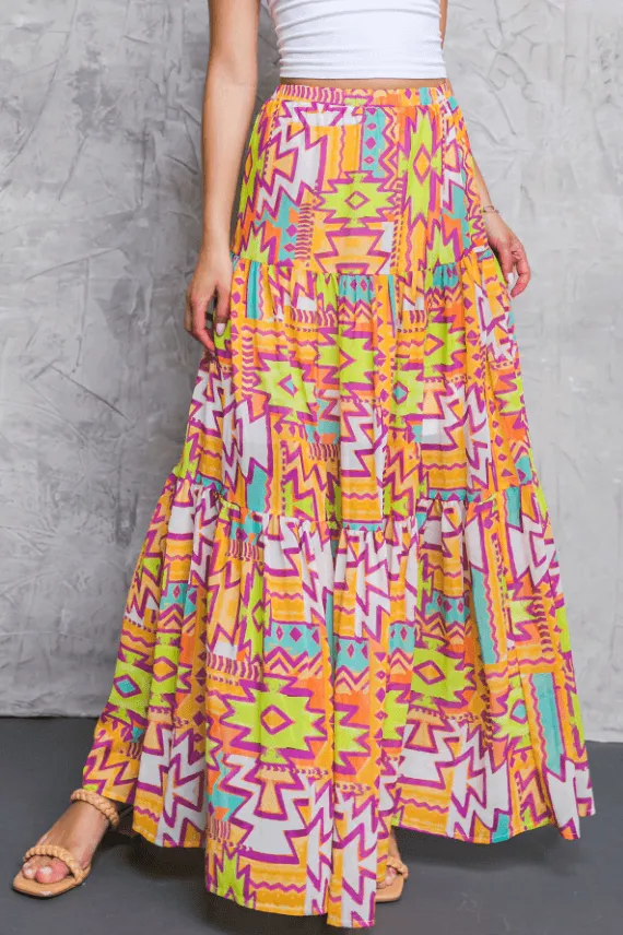 Orange Aztec Print Maxi Skirt