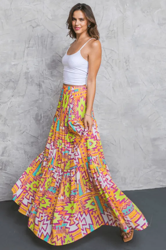 Orange Aztec Print Maxi Skirt