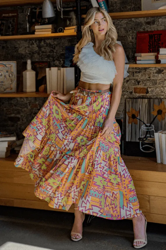 Orange Aztec Print Maxi Skirt