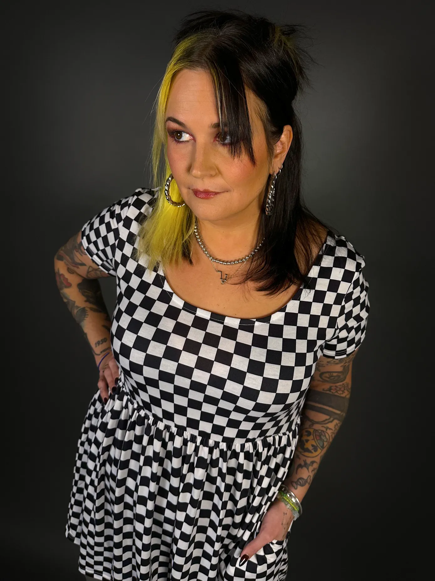 Outfit Set - Tommyrot Checkered Short Sleeve Skater Dress & Black Tights by Pamela Mann