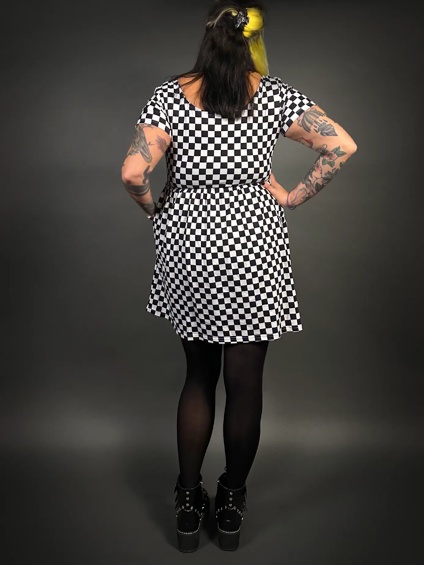 Outfit Set - Tommyrot Checkered Short Sleeve Skater Dress & Black Tights by Pamela Mann