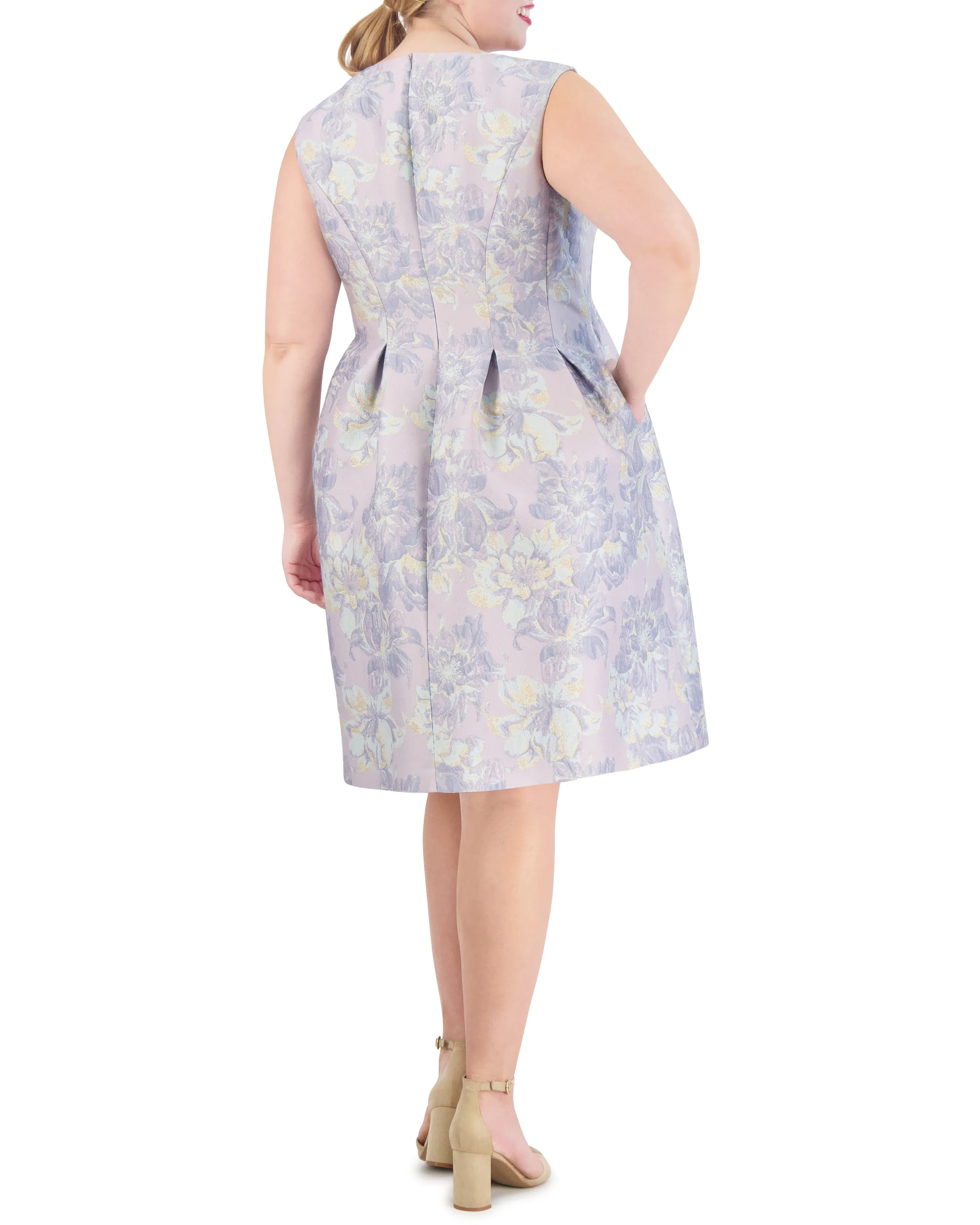 Plus-Size Floral-Jacquard Pleated Fit-And-Flare Dress