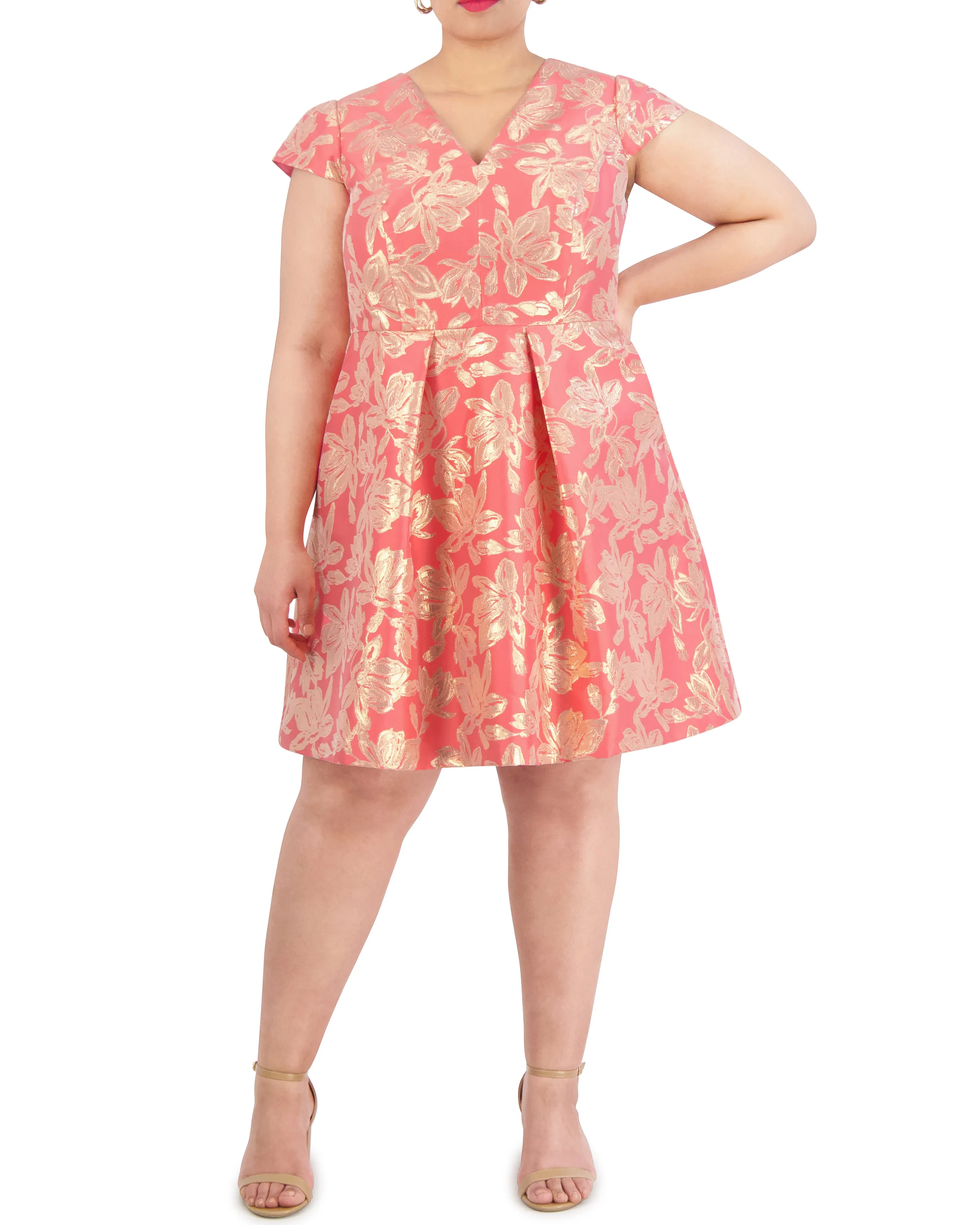 Plus-Size Floral-Jacquard Pleated V-Neck Dress