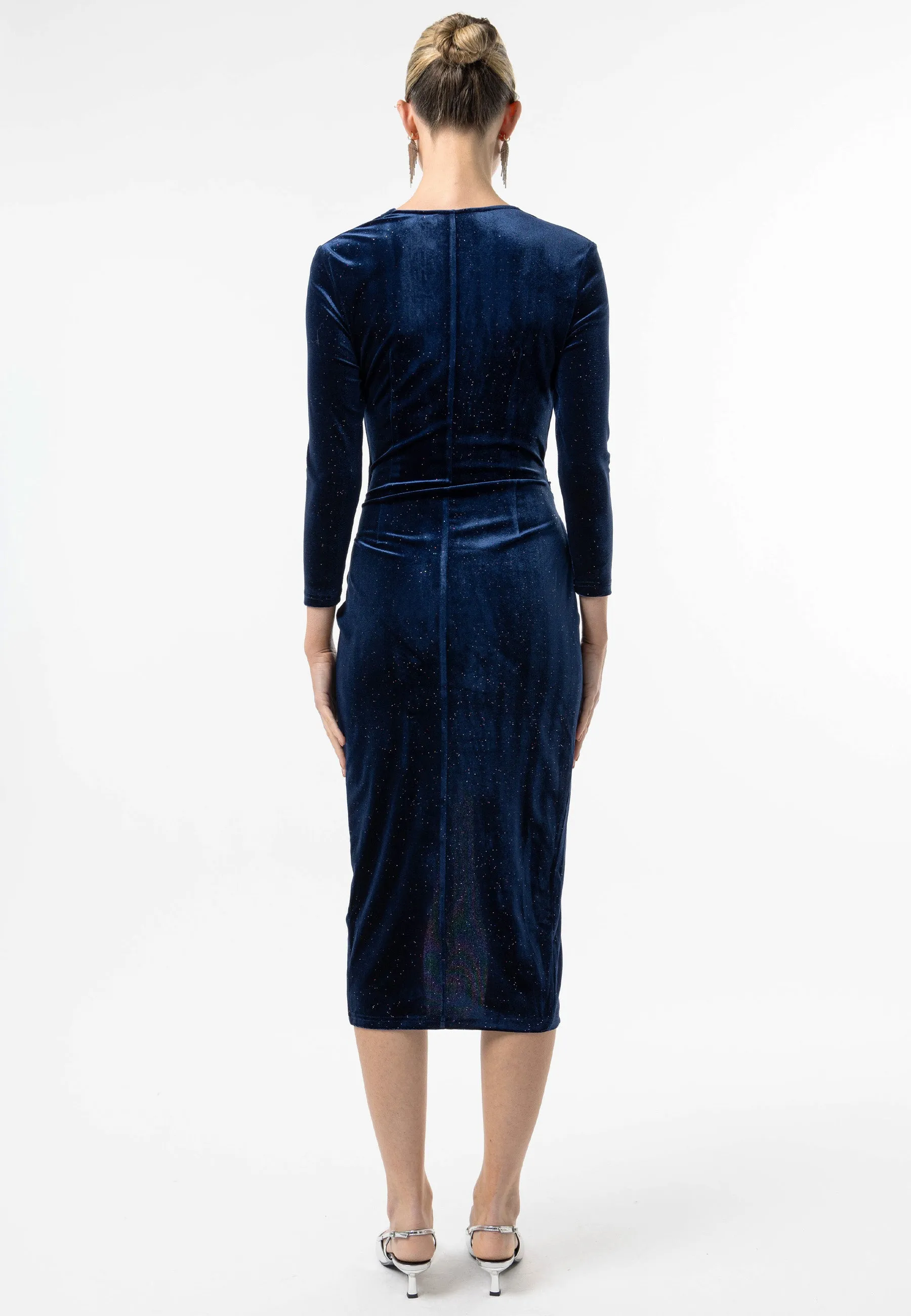 Shimmer Velvet 3/4 Sleeve Midi Wrap Dress in Navy