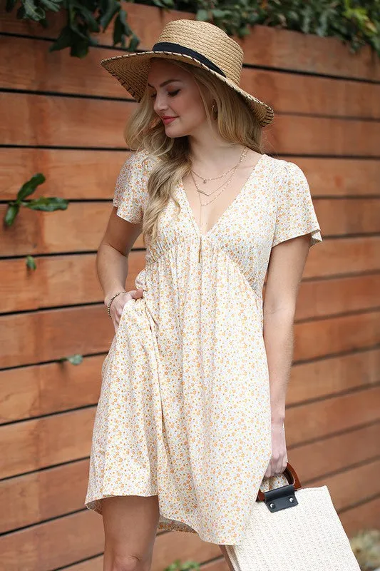 Short-Sleeved V-Neck Floral Mini Dress