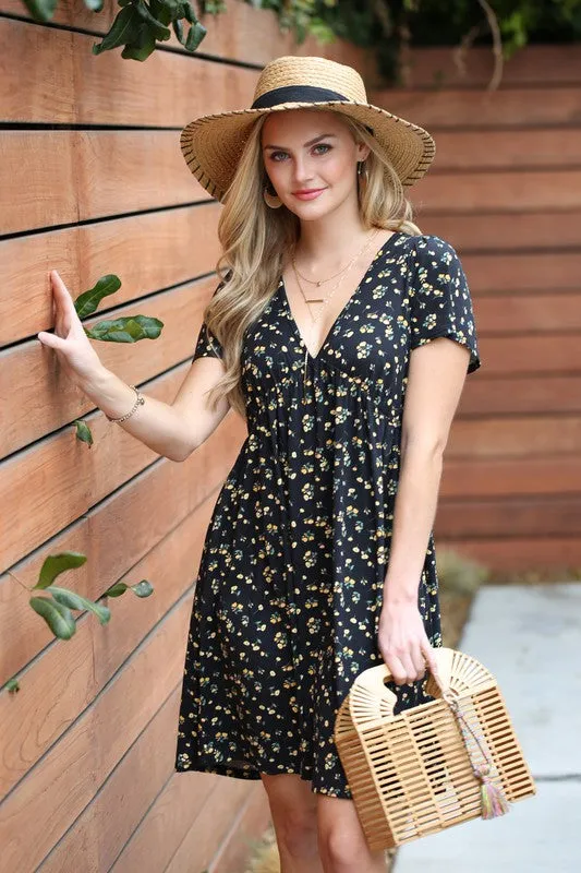 Short-Sleeved V-Neck Floral Mini Dress