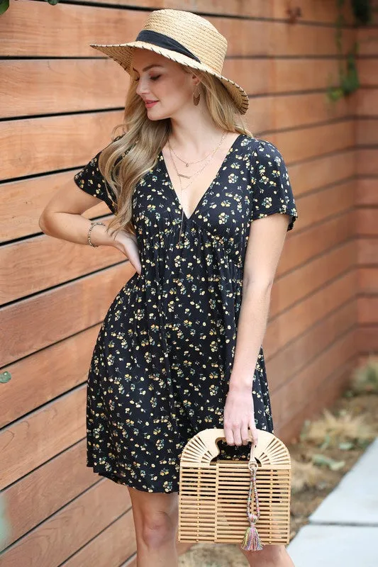 Short-Sleeved V-Neck Floral Mini Dress