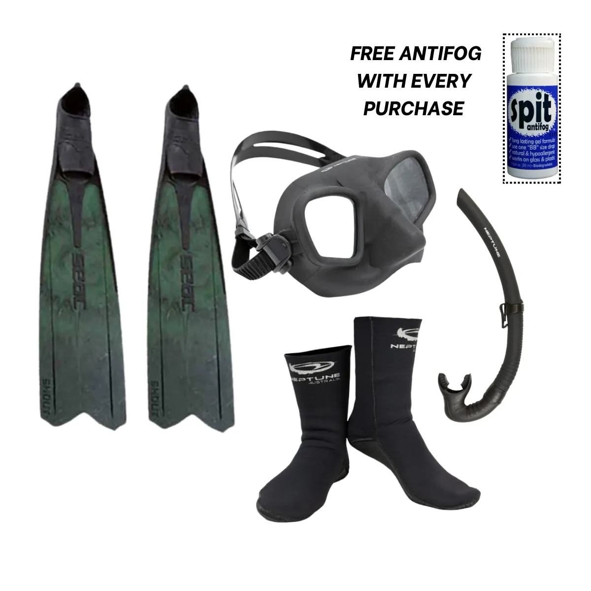 Shout Fins With Blitz Mask, Snorkel & 3mm Socks   Free Antifog