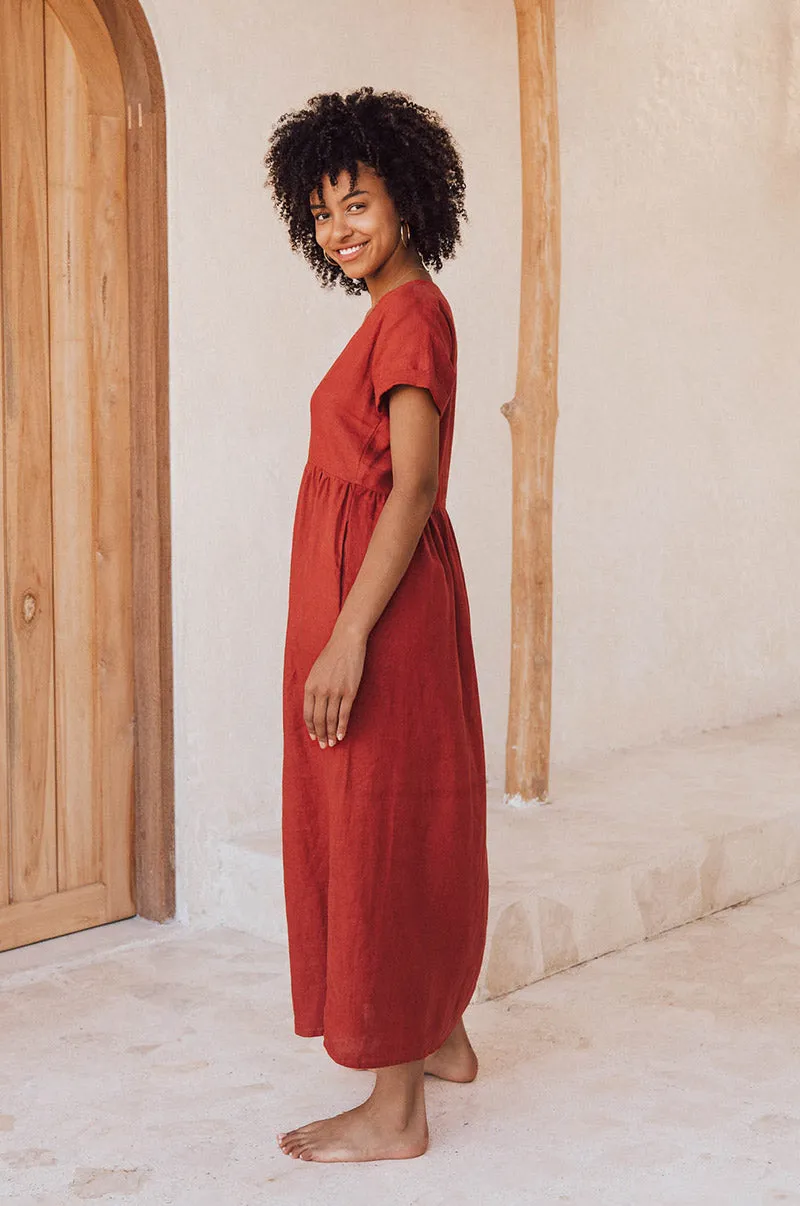 SUNSEEKER Midi Dress - warm red linen